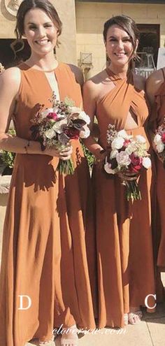 the bridesmaids are all dressed in brown dresses