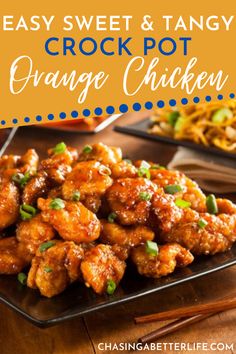 an easy sweet and tangy crock pot orange chicken with chopsticks on the side