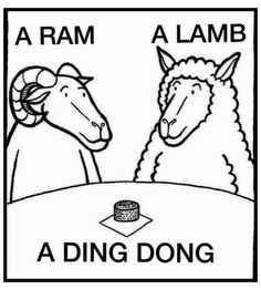 a sheep and a ram sitting at a table with the words a ding dong on it