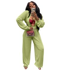 Ribbed Long Sleeve Shirt Top Wide Leg Pants Set Casual Long Pants Jumpsuits In Solid Color, Casual Long Pants Jumpsuits And Rompers, Casual Green Long Sleeve Pant Set, Casual Loungewear Two-piece Pants Set, Casual Fitted Solid Pant Set, Casual Fitted Solid Color Pant Set, Casual High-waist Sets, Casual Two-piece Bottoms Set For Spring, Casual Spring Two-piece Bottoms Set