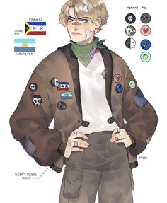 an anime character with buttons and patches on his jacket