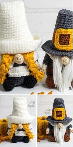 crocheted gnomes with hats and scarves are shown in three different pictures