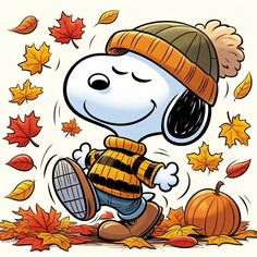 a cartoon character with a hat and scarf on, holding a fan in front of fall leaves