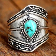 Sterling Silver Teardrop Turquoise Ring - Boho-Magic Jewelry Rings Vintage Boho, Asymmetrical Ring, Natural Turquoise Stone, Turquoise Crystal, Shape Geometric, Turquoise Boho, Meaningful Jewelry, Green Opal, Birthday Jewelry Gift