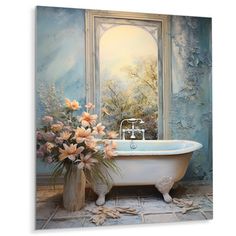 a painting of a bathtub with flowers in front of it and a mirror on the wall