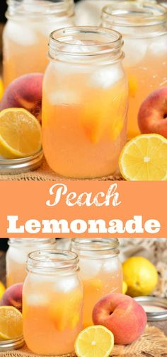 peach lemonade in mason jars with fresh peaches on the side and text overlay that reads peach lemonade