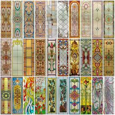 many different colored stained glass panels with decorative designs on the sides and bottom, all in different colors