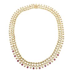 Vintage Tiffany & Co 18k Yellow Gold Ruby Collar Necklace    Metal: 18k Yellow Gold  Length: 16"  Weight: 77.1 grams  Width: 15mm  Stones: 11 round rubies total weight approximately 5ct  Hallmarks: Tiffany & Co 18k Made In Italy T2541rrdd      Please read description for most accurate dimensions and use QA to inquire on any additional details. Gold Ruby Necklace, Vintage Tiffany, Ruby Necklace, Tiffany And Co, Metal Necklaces, Collar Necklace, Tiffany & Co., Ruby, Yellow Gold