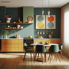 an image of a kitchen setting with green and yellow colors on the walls, wood flooring