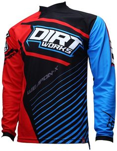 a red and blue jersey with the words dirt works on it