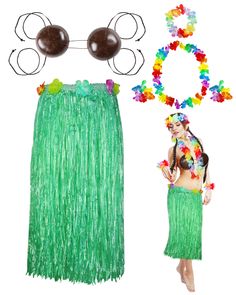 a woman wearing a skirt and sunglasses next to an image of a hula skirt