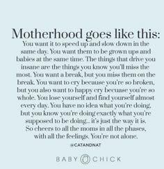 an image of a quote that says motherhood goes like this