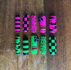 Hand made press on y2k/ scene core nails. Scene Acrylic Nails, Emo Gel Nails, Scenecore Nails, Scene Nails Emo, Two Color Nails, Chrome Designs, Diy Nail Art Tools