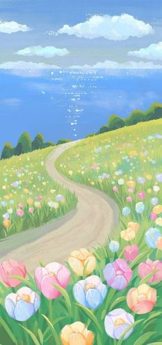 an oil painting of flowers and a dirt road in the middle of a grassy field