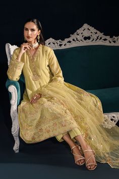 New Lemon Green Embroidered Pakistani Party Wear Frock Trousers Dupatta Laam Fashion, Party Wear Frocks, Pakistani Party Wear, Party Frocks, Lawn Fabric, Lawn Suits, Net Dupatta, Silk Dupatta, Best Wear