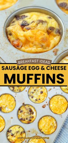 breakfast ideas sausage egg and cheese muffins in a muffin tin with text overlay