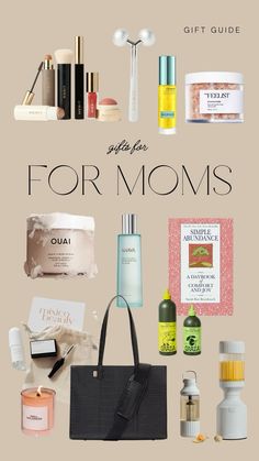 the gift guide for moms is displayed on a beige background with an image of various items