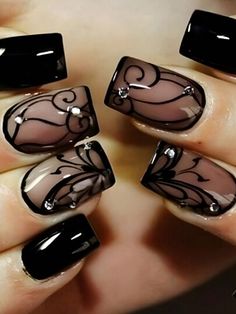 Multicolor  Collar    Color Nails Embellished   Nail,Hand & Foot Care Black And White Nail, Black And White Nail Art, Lace Nails, Nagel Tips, Black Inspiration, White Nail Art, Black Nail Designs