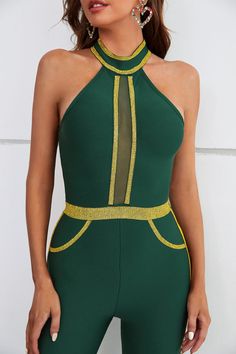 Rhinestone Bodysuit, High Neck Jumpsuit, Green Jumpsuit, Jumpsuit Summer, Bandage Dress, Wide Leg Jumpsuit, High Neckline, S Models, Types Of Collars