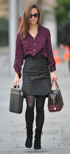 Pippa Pippa Middleton Style, Dress Maroon, Maroon Shirts, Middleton Style, Pippa Middleton, Grey Dress, Gray Skirt, Black Tights, Work Attire