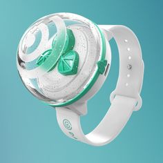 a white and green smart watch on a blue background