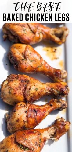 baked chicken legs on a white plate with text overlay