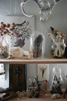 a shelf filled with vases and other items on top of a wooden table next to a wall