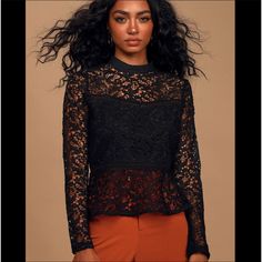 This Is Such A Pretty Lulu’s Black Lace Top. Back Zip Closure, Long Sleeves And High Neck. Wear With Jeans, Dress Pants Or A Skirt. Information And Measurements Above Black Casual Lace Top For Fall, Casual Black Lace Top For Fall, Chic Lace Top For Date Night In Fall, Fitted Casual Lace Top For Party, Fitted Black Lace Top For Fall, Fitted Black Lace Top For Night Out, Casual Black Lace Top For Party, Black Lace Top For Evening In Fall, Black Lace Top Blouse For Date Night