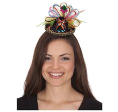 This wonderfully detailed fiesta sombrero is covered in black velvety material and accented with red, blue and gold sequins and gold metallic threads. Pair it with a Mexican poncho/blanket or an embroidered blouse, and you have an awesome Halloween, Cinco de Mayo or themed party costume. The mini hat sits on a shiny black material covered plastic headband. One size fits most teens and adults. Hat is approximately 9" H x 6" W x 4 1/2" D with fun festive ribbons and feathers. Traditional Carnival Costume Hats And Headpieces For Party, Bohemian Mardi Gras Party Hat, Bohemian Mardi Gras Party Headpiece, Bohemian Mardi Gras Party Costume Headpiece, Fun Carnival Festival Costume Hats And Headpieces, Bohemian Costume Hats And Headpieces For Festivals, Adjustable Costume Hats And Headpieces For Festivals, Carnival Celebration Adjustable Headpieces, Multicolor Costume Accessories For Party And Carnival