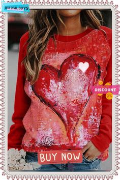 Women's Pullovers Casual Heart-shaped Color Block Long Sleeve Round Neck Pullovers Heart Sweatshirt, Plus Size Kleidung, Long Sleeve Tees Women, Belleza Natural, Fashion Colours, Casual Pullover, Women Pullover, Top Casual, A Heart