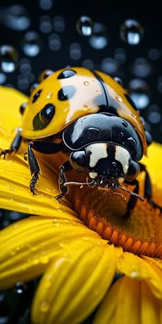 a ladybug sitting on top of a yellow flower with water droplets around it