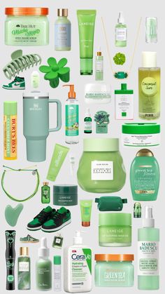 an assortment of green products are arranged on a white background