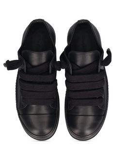 Rick Owens Mainline Low-Top Jumbo Lace Ramones Sneakers Designer's ID: RU01D3893-LCOW2 RICK OWENS Low Jumbo lace sneakers coming of the SS24 LIDO Collection, Jumbo Laced Low Sneaks! These sleek kicks boast a design that's both stylish and functional. Crafted from mediumweight full grain calf leather, they offer durability and a luxurious feel. With their under-ankle height, eyelets, and jumbo laces, these sneakers exude urban sophistication. Plus, the toe caps and shark-tooth soles add an edgy touch. Specifically tanned for shoes, this leather features an abrasion-resistant finish, ensuring longevity and style that lasts. Color: Black Composition: Leather Made in ITALY Rick Owens Low, Rick Owens Ramones, The Rick, Rick Owens Men, Lace Sneakers, Shark Teeth, Ramones, Low Sneakers, Boot Sandals