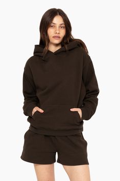 SET™ EMBROIDERED HEAVYWEIGHT SWEATS HOODIE IN ESPRESSO Cozy Solid Hoodie With Kangaroo Pocket, Comfortable Solid Sweats With Kangaroo Pocket, Comfy Solid Hoodie With Drawstring Hood, Comfy Solid Color Hoodie With Drawstring, Cozy Hooded Hoodie With Side Pockets, Solid Sportswear Hoodie With Pockets, Solid Color Sportswear Hoodie With Pockets, Comfortable Hoodie With Kangaroo Pocket And Relaxed Fit, Hooded Sportswear Hoodie With Kangaroo Pocket