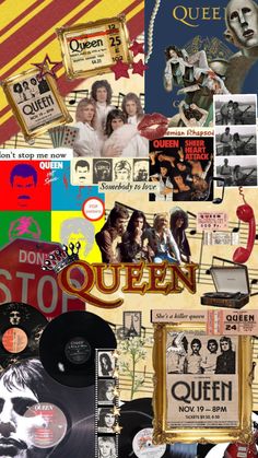 collage of various old records, posters and stickers with the word queen on them