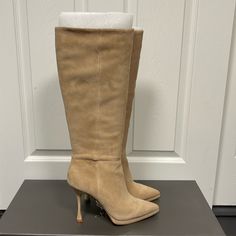 Nib Gorgeous Suede Knee High Boots Inside Half Zip Micro Platform Slight Flared Heel Sold Out In This Color/Size Combo Never Worn. Came With One Small Mark On Left Front (Pictured) True To Size No Returns If Fit Is An Issue Fitted Suede Heeled Boots With Closed Toe, Elegant Suede Heeled Boots With Snip Toe, Chic Beige Snip Toe Heeled Boots, Designer Fitted Suede Heeled Boots, Fitted Beige Suede Boots, Chic Beige Heeled Boots With Snip Toe, Designer Fitted Beige Boots, Designer Beige Almond Toe Boots, Elegant Beige Snip Toe Boots