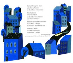 an image of a blue city with trees and buildings on it's sides, surrounded by words written in french