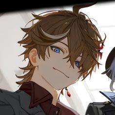 two anime characters one with blue eyes and the other with brown hair looking at something