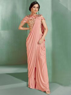 Peach Lycra Fancy Saree with Designer Embroidered Blouse Peach Blouse, Lehenga Style, Fancy Sarees