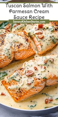 salmon with parmesan cream sauce in a white bowl on top of a table