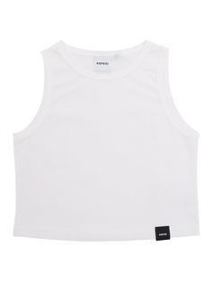 Aspesi cropped white cotton tank top for children with contrasting black brand logo label on the front.Composition: 100% COTTON Basic White Crop Top For Everyday, White Tank Crop Top For Streetwear, White Sporty Crop Top Tank, Basic White Cropped Tank Top, White Cropped Tank Top For Streetwear, White Sleeveless Crop Top For Streetwear, White Cropped Tank Top For Everyday, White Sleeveless Crop Top For Everyday, White Cotton Tank Crop Top