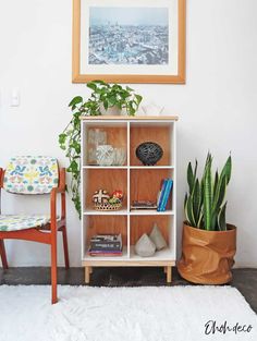 a room with a chair, potted plant and pictures on the wall