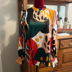 Jodifl Los Angeles Colorful Ruffled Neck Blouse Nwt | Size S | Bought For Work, Went Remote, And Never Worn | Super Silky Soft Material Chic Multicolor Abstract Print Blouse, Multicolor Long Sleeve Blouse For Brunch, Long Sleeve Multicolor Blouse For Brunch, Chic Multicolor Blouse For Fall, Chic Multicolor Floral Print Blouse, Chic Multicolor Print Fall Blouse, Chic Multicolor Printed Blouse, Chic Multicolor Print Blouse For Fall, Chic Flowy Multicolor Blouse