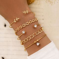 Gold Leaves Heart Pendant Open Cuff Bangle Bracelet Set Color Leaves, Gold Bracelet Set, Vintage Charm Bracelet, Trendy Bracelets, Bangle Bracelet Set, Link Chain Bracelet, Leaf Bracelet, Snake Chain Bracelets, Cuff Bangle Bracelet