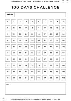 the 100 days challenge is shown in black and white, with numbers arranged on it