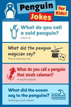 The best penguin jokes for kids of all ages. Penguin Jokes, Penguin Day, Book Club Parties, Funny Penguin, Penguin Theme