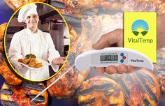 a person holding a digital thermometer in front of chicken wings and an ad for vitatemp