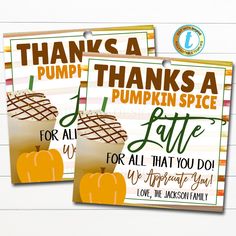 two pumpkin themed thank you cards with the words, thanks for all that you do