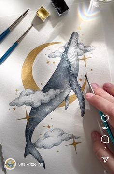 someone is painting a whale in the sky with stars and clouds on it's back