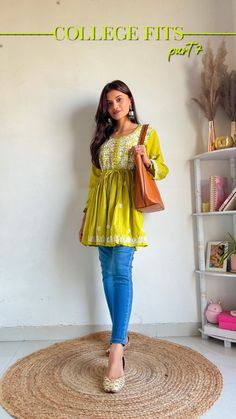 Trending Outfits Indian Casual, College Going Outfits, Collage Wear Outfits Casual Indian, Indian Wear College Outfits, Earrings For Jeans Outfit, Mbbs College Outfit, Baggy Jeans Outfit Indian, Dress Outfits For College, Top For Jeans Women